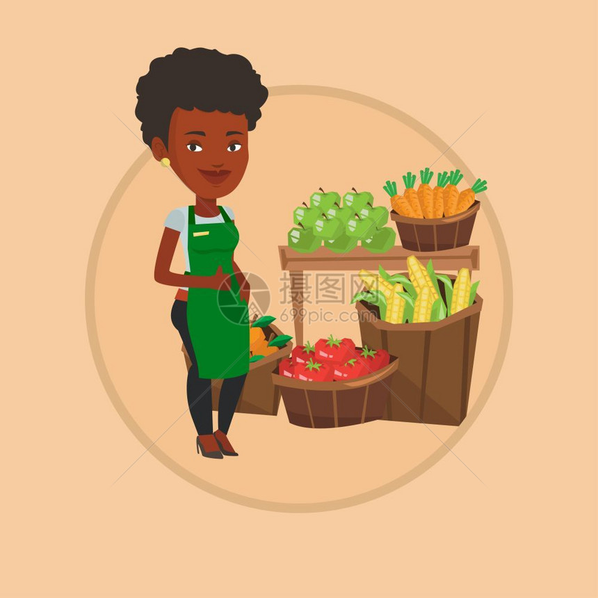售卖水果蔬菜的非洲女员工卡通矢量插画图片