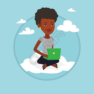 云端通信在云端使用笔记本电脑的非洲女性卡通矢量插画插画