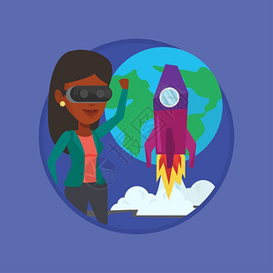 戴着VR眼镜观看火箭发射的非洲女士卡通矢量插画图片