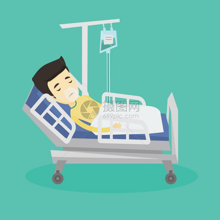 躺在病床上戴着呼吸罩输液的男病人卡通矢量插画图片