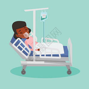 在病床上戴着氧气罩输液的非洲女病人卡通矢量插画图片
