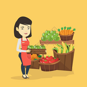 蔬菜水果店食品杂货店的女工站在蔬菜和水果店门前插画