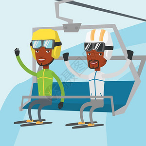 在冬季山上坐滑雪电梯的两名非洲男人图片