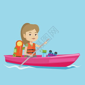 在河上骑着皮艇的高加索旅行妇女图片