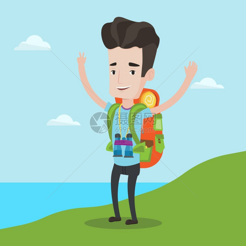 带着背包的游客站在悬崖上举起手图片