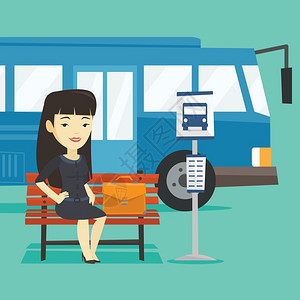 公交设施图片坐在公交汽车站的年轻美女插画