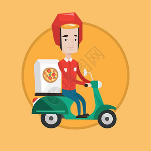 骑着小摩托车送披萨的外卖员卡通矢量插画背景图片