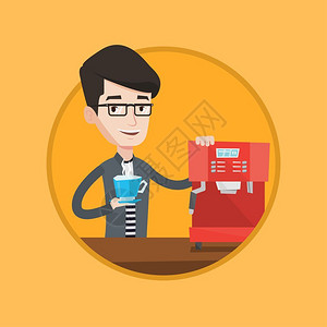 自动咖啡机站在咖啡机旁喝咖啡的男生卡通矢量插画插画