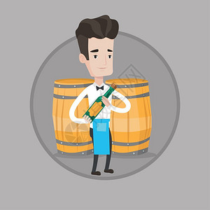 酒吧上酒服务员站在木桶前拿着酒的男服务员卡通矢量插画插画