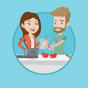 丈夫厨房做菜在数字平板电脑学习做菜的年轻夫妇卡通矢量插画插画