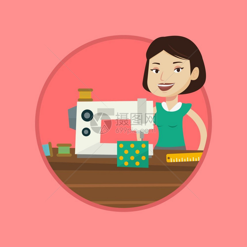 使用缝纫机的女工人卡通矢量插画图片