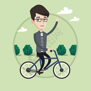 在户外骑自行车挥手的男人卡通矢量插画图片