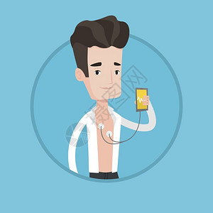 年轻男子用智能手机应程序检查他的血压图片