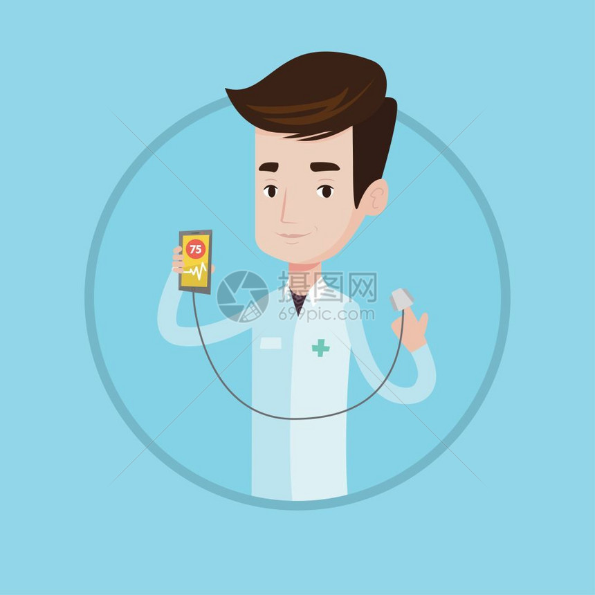 使用智能手机测量心跳脉搏的男医生卡通矢量插画图片
