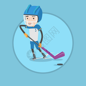 打冰球男孩在冰球场上打冰球的男运动员插画