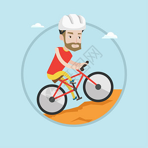 骑着山地自行车登山的男青年卡通矢量插画图片