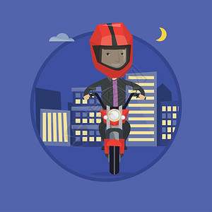 在城市夜景下戴着头盔骑着摩托车的男青年卡通矢量插画图片