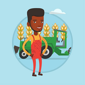非洲农业站在麦田里开拖拉机的非洲农民卡通矢量插画插画