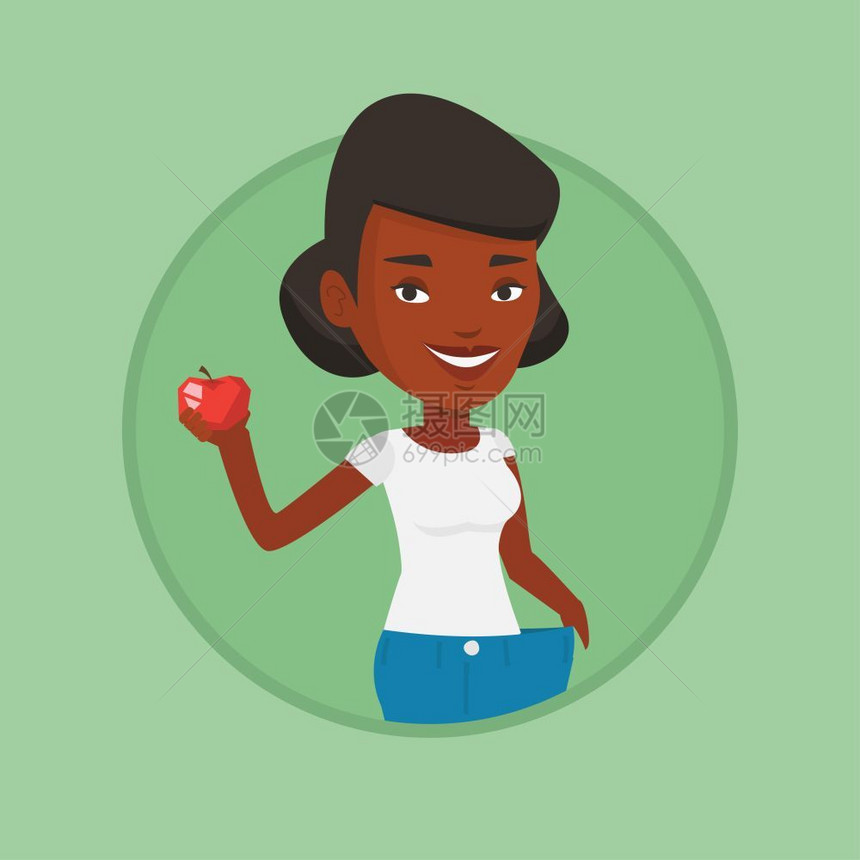 拿着苹果瘦身成功的非洲女孩卡通矢量插画图片