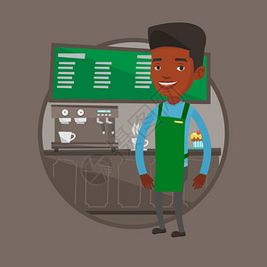 黑色工作咖啡店的非洲服务员插画