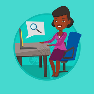 使用笔记本电脑在互联网上搜索信息的非洲女商人卡通矢量插画图片