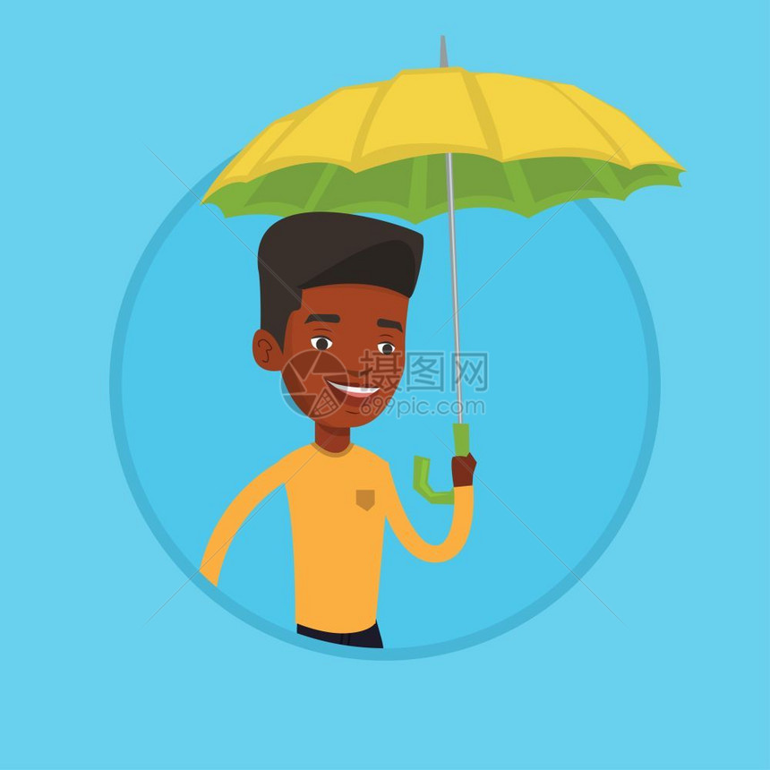 打着伞的非洲男保险人卡通矢量插画图片