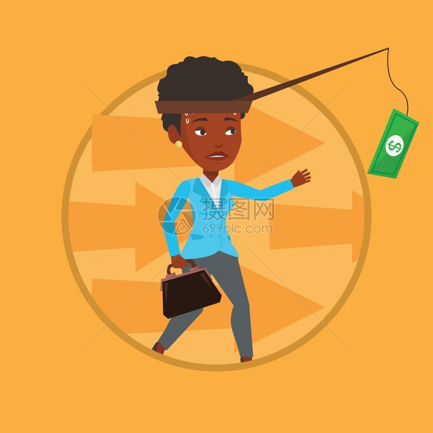 追赶鱼竿上挂着的金钱的非洲女商人卡通矢量插画图片