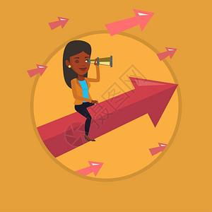 坐在箭头上使用望远镜寻找商机的非洲女商人卡通矢量插画图片