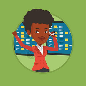 在股票交易所打电话的非洲商务女性卡通矢量插画图片