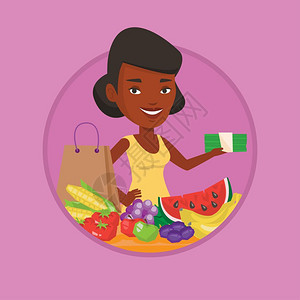 拿着钱采购食物的非洲女士卡通矢量插画图片