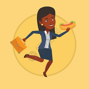 手拿热狗和公文包奔跑的非洲商务女性卡通矢量插画图片