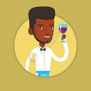 查看红酒的非洲男酒保卡通矢量插画图片