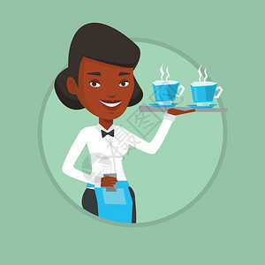 端着咖啡的非洲女服务员卡通矢量插画图片