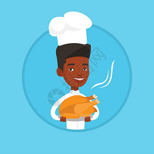 端着烤鸡的非洲男厨师卡通矢量插画图片