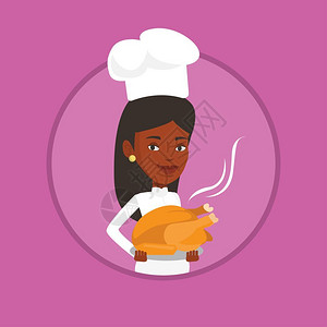端着烤鸡的非洲女厨师卡通矢量插画图片