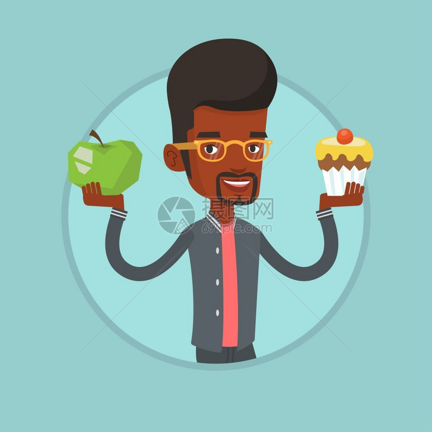 手拿苹果和纸杯蛋糕的非洲男人卡通矢量插画图片