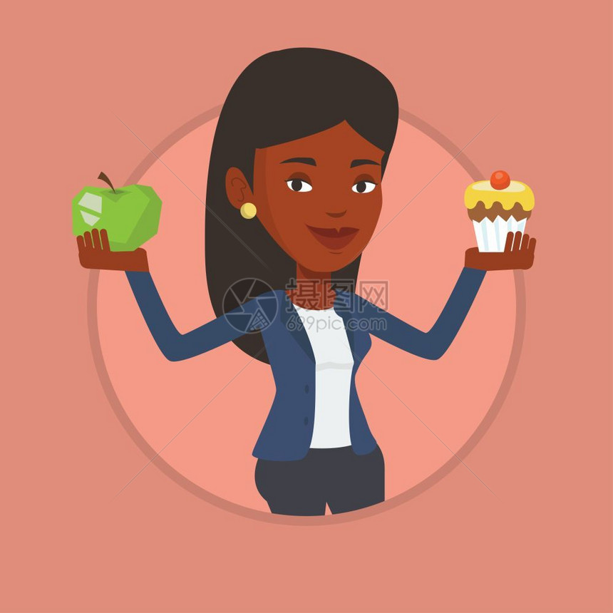手拿苹果和纸杯蛋糕的非洲女人卡通矢量插画图片