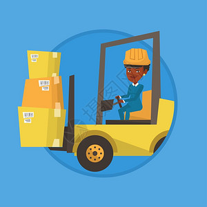 使用叉车搬运货物的非洲女工人卡通矢量插画图片