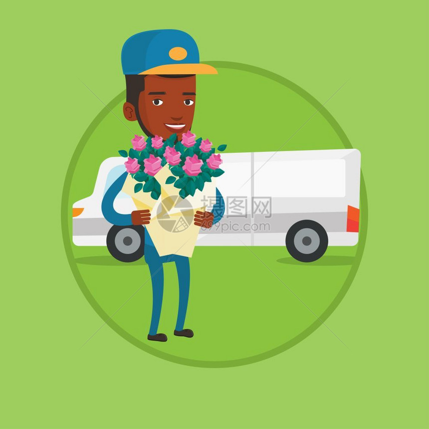 男送货员携带花束在汽车前设计图图片