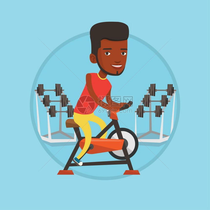 在健身房骑脚踏车的非洲男性卡通矢量插画图片