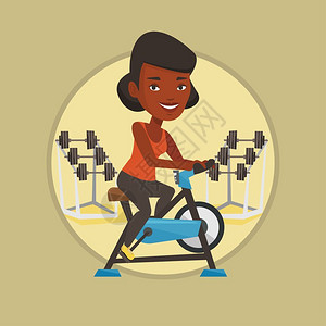 健身房女在健身房骑脚踏车的非洲女性卡通矢量插画插画
