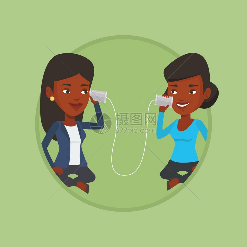 使用杯子电话进行交流的两位非洲女孩卡通矢量插画图片