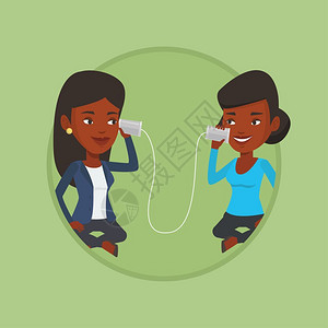 感性使用杯子电话进行交流的两位非洲女孩卡通矢量插画插画