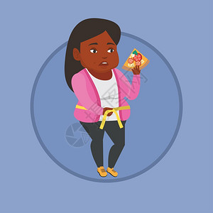 吃手女人素材拿着披萨使用尺子测量腹围的非洲女人卡通矢量插画插画