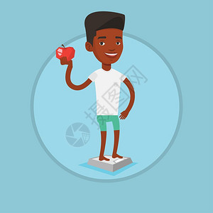 手拿苹果站在体脂秤上的非洲男人卡通矢量插画插画