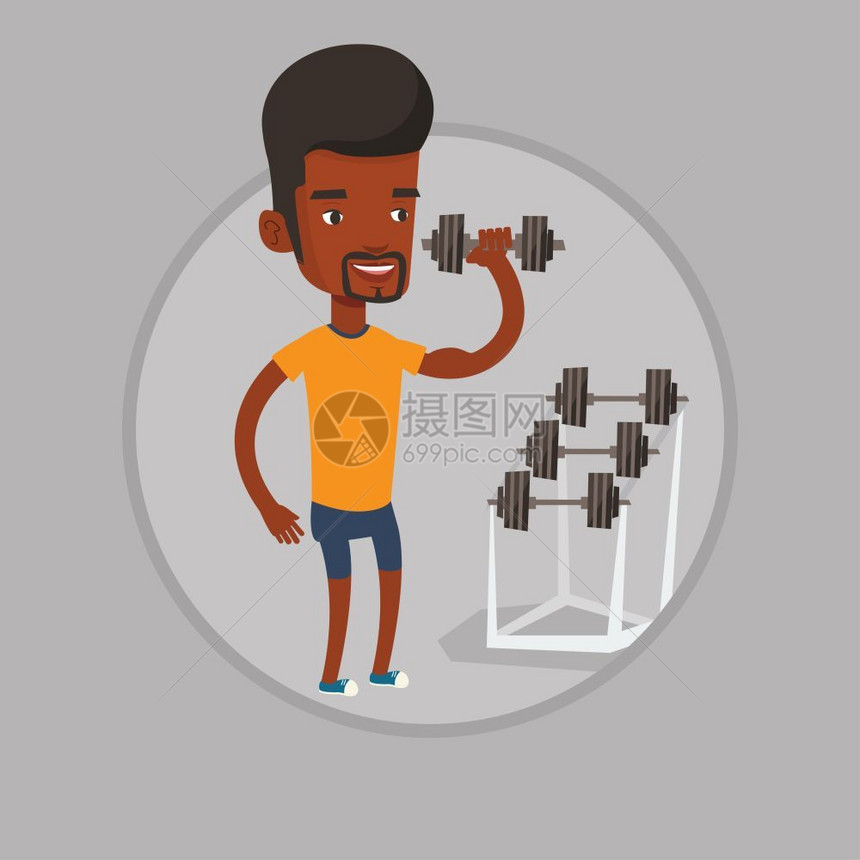 在健身房举哑铃的非洲男子卡通矢量插画图片