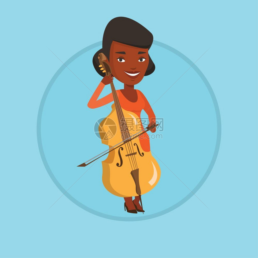 演奏大提琴的非洲女艺术家卡通矢量插画图片