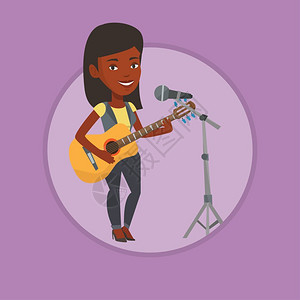 歌唱歌手弹着吉他唱歌的非洲女孩卡通矢量插画插画