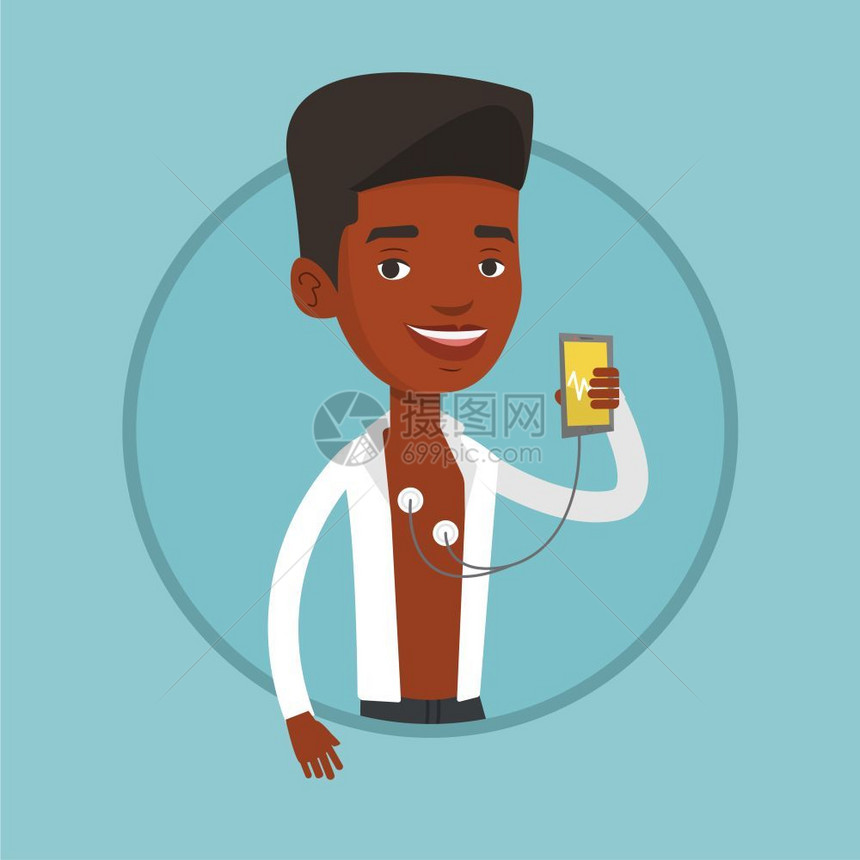 使用智能手机应程序测量心跳的非洲男青年卡通矢量插画图片