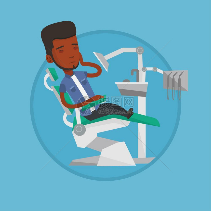 坐在牙科椅子上准备看牙的非洲男青年卡通矢量插画图片